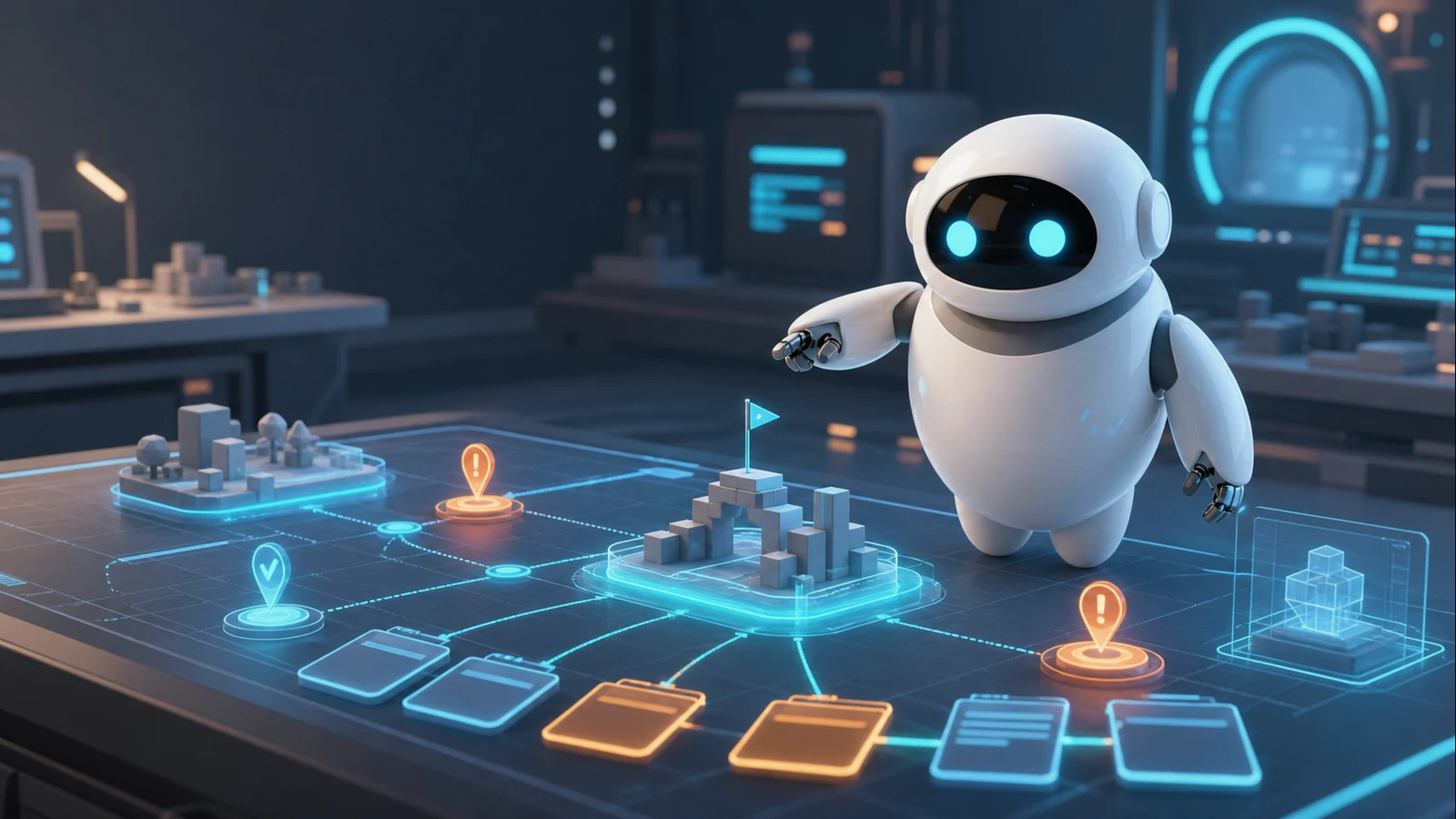 Фирменный робот RobotGames рядом с holographic roadmap, прототипом уровня и маркерами рисков