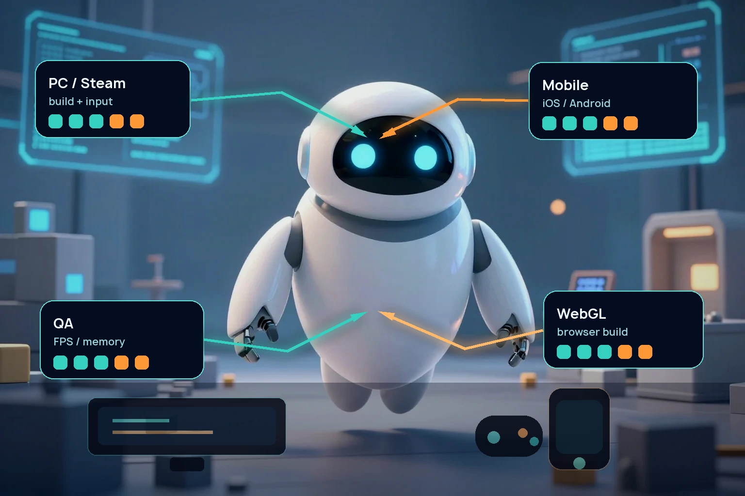 Фирменный робот RobotGames показывает перенос игры между PC, mobile, WebGL и QA-сборками
