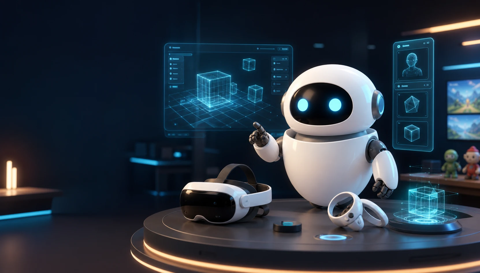 Фирменный робот RobotGames в XR-студии с VR-гарнитурой и AR-интерфейсами