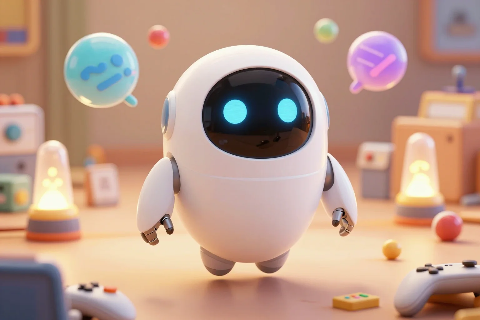 Фирменный робот в CGI-сцене с игровыми вопросами, интерфейсами и студийным окружением