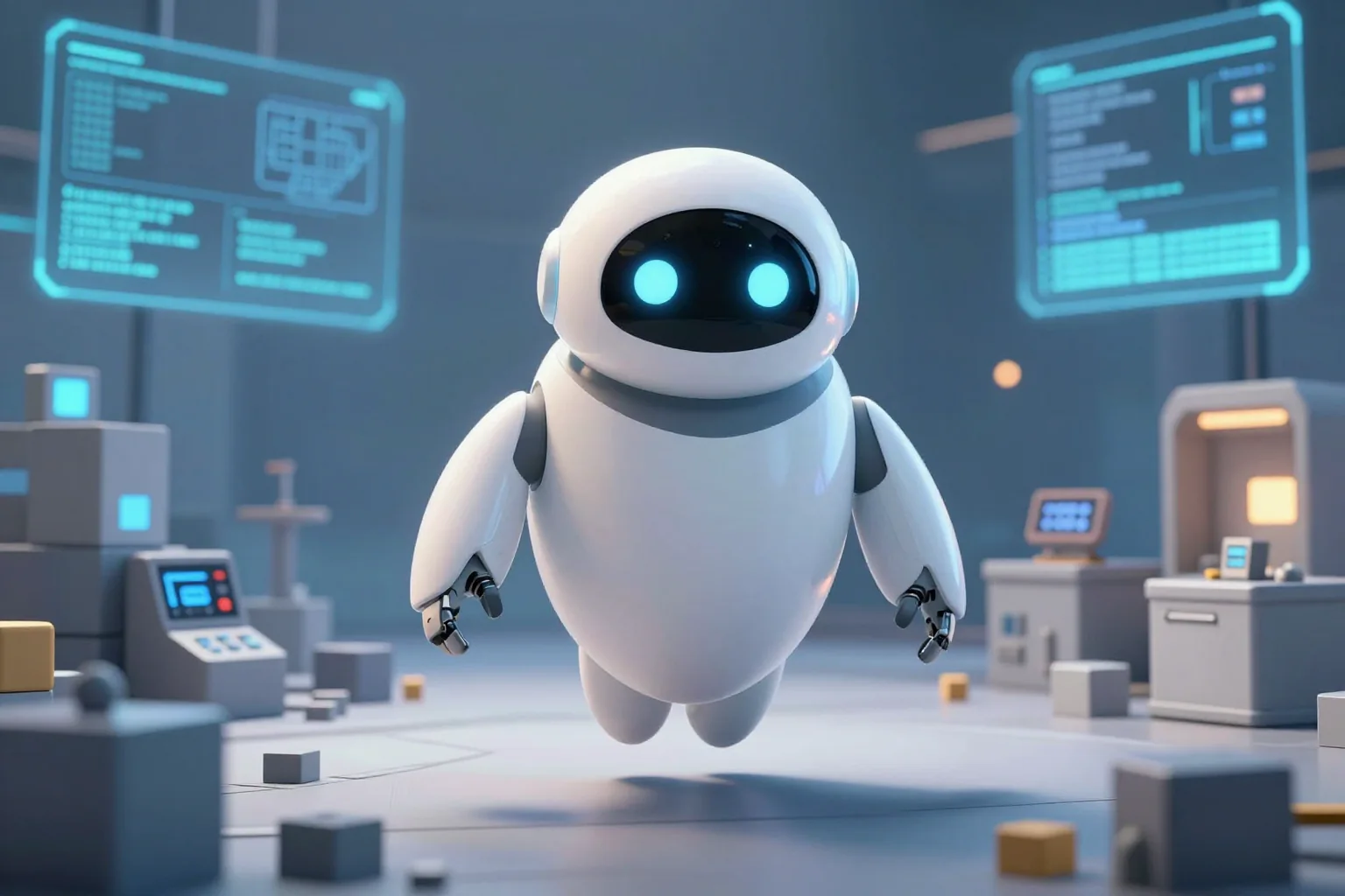 Фирменный робот в CGI-сцене планирования этапов, задач и игровых спринтов