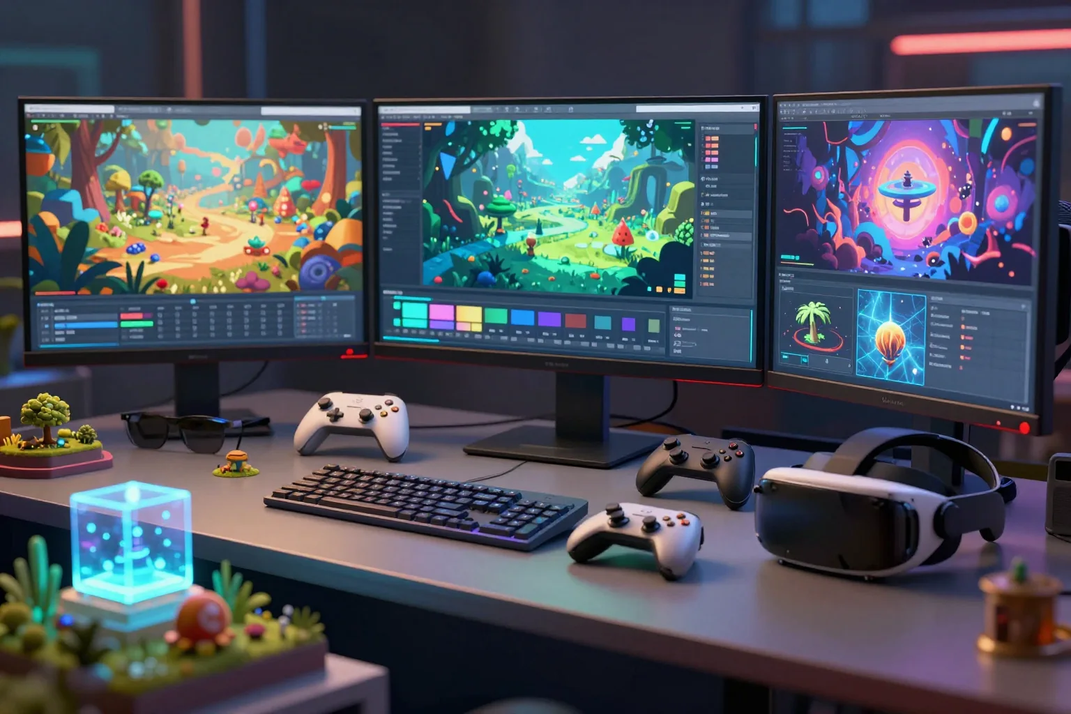Игровой рабочий стол с тремя мониторами, UI, VR-гарнитурой и production-окружением